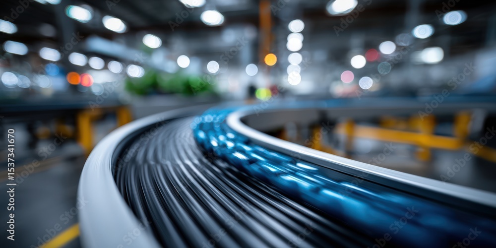 Poster automated conveyor belt system in factory, illustrating industrial efficiency and supply chain manag