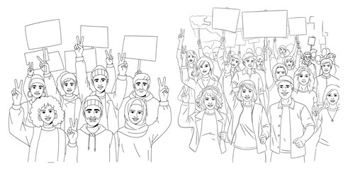 Diverse Group Demonstrating with Peace Signs and Blank Protest Signs, Outlined
