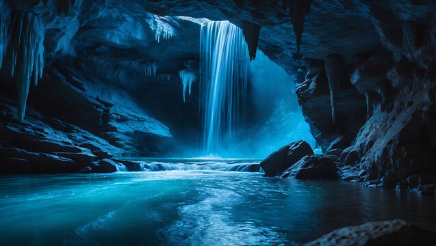 Cave Waterfall Scene with Flowing Water and Ice Formations