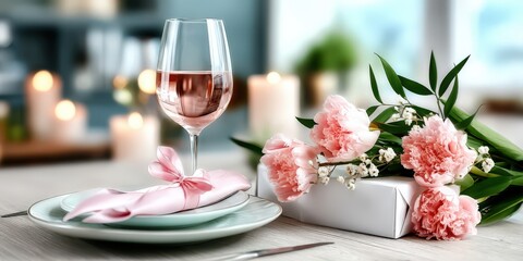 Elegant Table Setting With Wine and Flowers, Representing Romance and Fine Dining Experiences