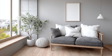 Modern Living Room Interior With Sofa, Plant, and Blank Frame, Showcasing Home Decor and Style