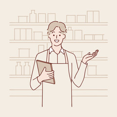The clerk is holding the menu and giving recommendations at the cafe vector design illustrations