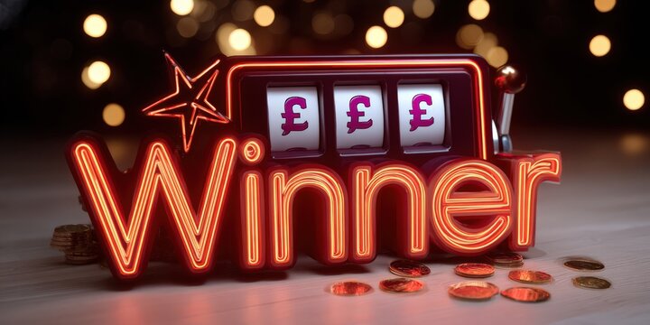 Slot Machine With Pound Symbols and Neon Winner Sign, Illustrating Gambling and Financial Success