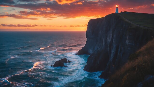 Lighthouse on Cliff at Sunset over Ocean with Waves Crashing