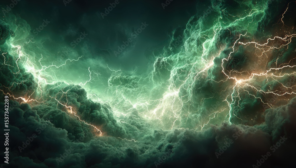 Poster dramatic green storm clouds with lightning strikes, representing power and environmental change