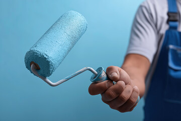 Hand holds paint roller applying vibrant blue color to interior wall surface.