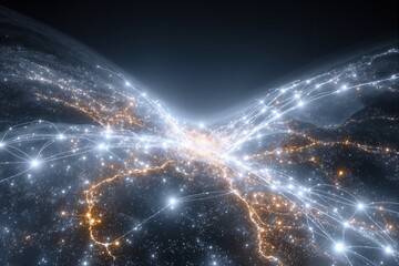 Obraz premium Aerial view of a city at night with illuminated roads. Urban light network and global connection concept. Background for technology.