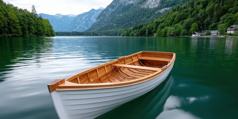 Obraz premium Wooden Rowboat on Serene Lake Surrounded by Mountains and Forest, Representing Tranquility and Escape