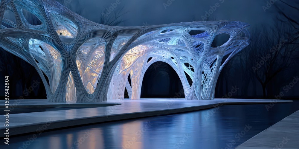 Aufkleber futuristic architecture with intricate design and reflective pool, symbolizing innovation and progre