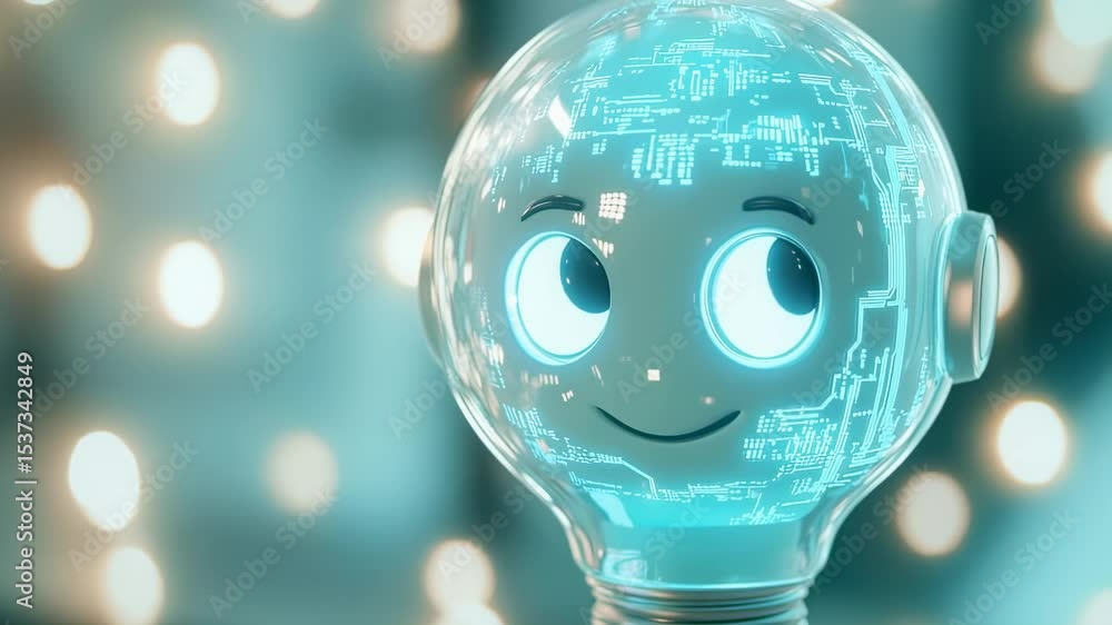Poster cute ai robot head with circuitry inside a lightbulb