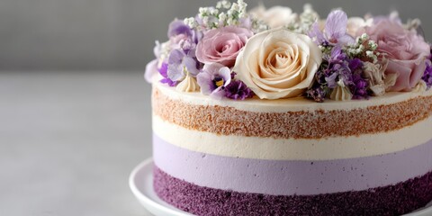 Elegant Layered Cake Decorated With Roses and Pansies, Ideal for Celebrations and Sweet Indulgence