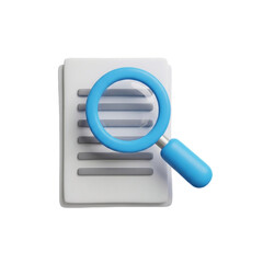 Rendered image of a blue magnifying glass over a document with gray lines representing text on transparent background