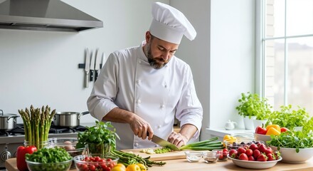 Male chef preparing fresh ingredients in a commercial kitchen. Culinary professional cooking healthy food for restaurant service.