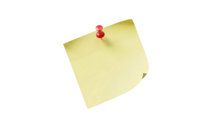 A yellow sticky note attached with a red push pin for reminders and organization of important tasks on transparent background