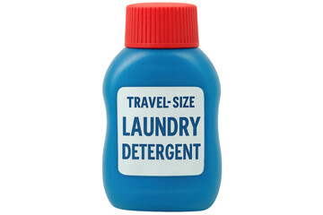 Blue plastic travel-size laundry detergent bottle with red cap, isolated on transparent background, ready for your mockups