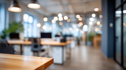 Fototapeta premium Blurred Modern Office Interior With Desks and Lighting, Representing Workplace Innovation