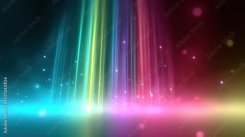 Poster abstract rainbow light beams and bokeh, ideal for technology backgrounds and presentations