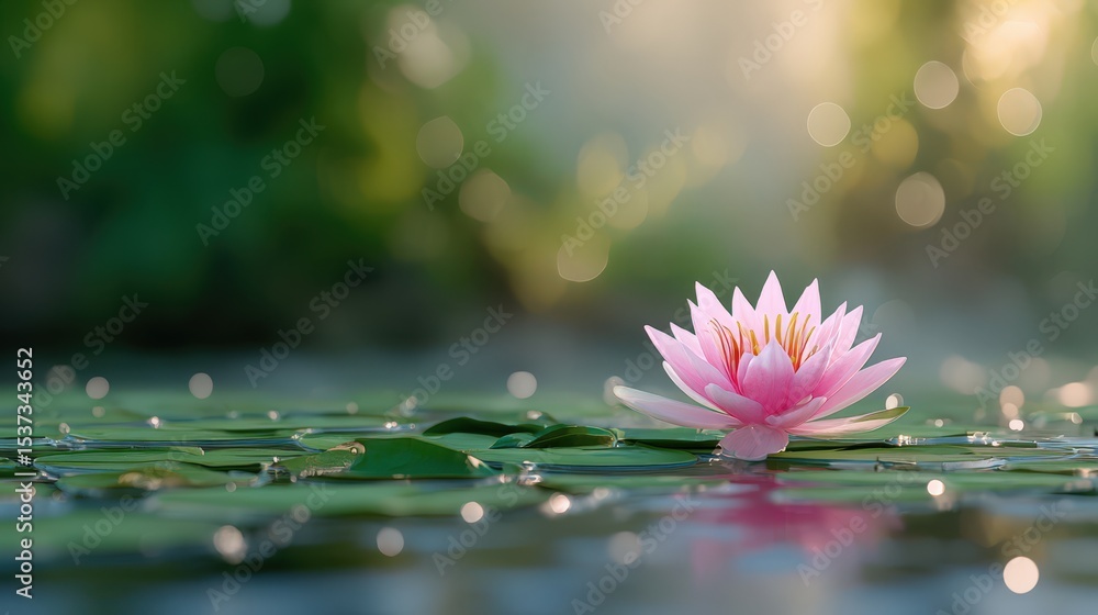 Poster pink water lily blossom floating on pond with bokeh, symbolizing serenity and tranquility