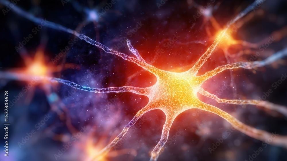 Poster Glowing Neuron Network With Synapses, Symbolizing Brain Activity and Neural Communication