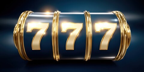 Golden Sevens on Slot Machine Reels Against Dark Blue, Symbolizing Good Luck and Casino Gambling