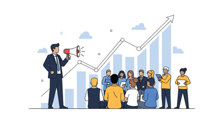 Leader Holding Megaphone Explaining Business Growth To Team Members