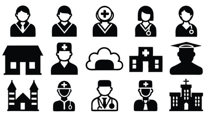 Black and white medical icon set featuring doctors nurses hospitals and related illustrations