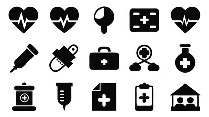 Black and white medical icon set representing healthcare and medical related services