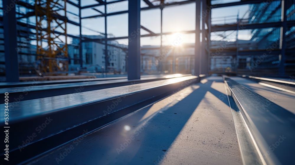 Poster steel structure frame at construction site with sunburst, representing progress and urban developmen