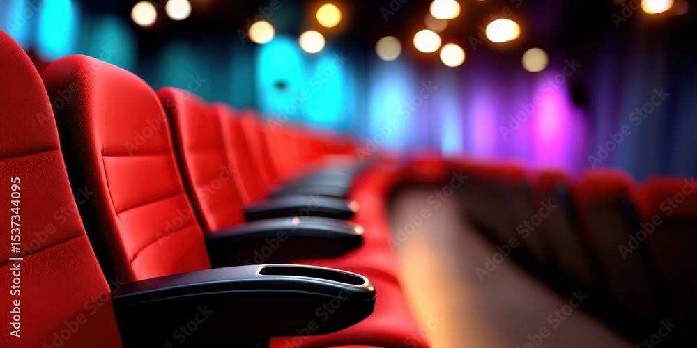 Poster rows of red theater seats under stage lights, representing entertainment and shared experiences