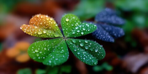 Macro Shot of Four Leaf Clover With Water Droplets, Symbolizing Luck and Irish Heritage