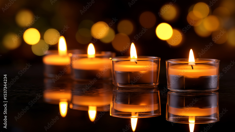 Aufkleber multiple burning tealight candles with soft glowing flames and bokeh lights in the background.