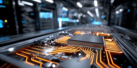 Illuminated Circuit Board in Server Room, Illustrating High Tech Innovation and Connectivity