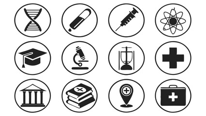 Collection of black and white medical and science icons on a white background