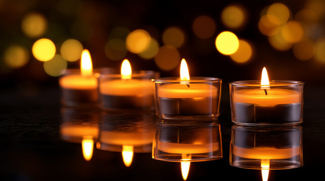Multiple burning tealight candles with soft glowing flames and bokeh lights in the background.
- Powered by Adobe
