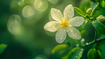 Serene Artistic Overhead Depiction of a Dewdrop-Studded Crepe Jasmine Flower Bathed in Crisp Sunny Morning Light Against a Harmonious Green Backdrop Radiating Vitality