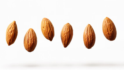 Simple isolated almonds nuts levitating on white background. Image for for food, nutrition, or ingredient concepts. Useful for healthy eating, snack, or nut-related content.