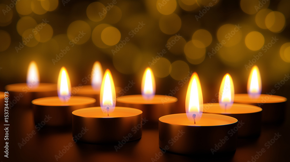 Poster multiple burning tealight candles with soft glowing flames and bokeh lights in the background.