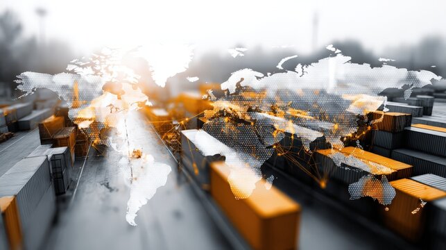 Shipping Containers With Global Network Overlay, Illustrating International Trade and Logistics Solutions