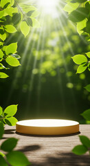 Empty Round Platform on Lush Grass with Beaming Sunshine. A modern, clean, and minimalist 3D product display podium. perfect for social media story. Virticle image.