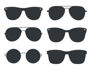 Collection of Six Different Styles of Sunglasses in Dark Gray Silhouette on a White Background Representing Fashion and Summer Eye Protection