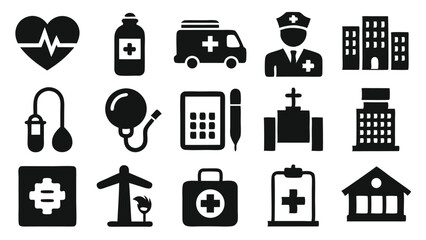 Collection of medical icons depicting healthcare elements and symbols in black color