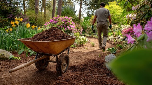 Gardener Walking Through Lush Flower Garden With Wheelbarrow Full of Mulch, Representing Growth - Powered by Adobe