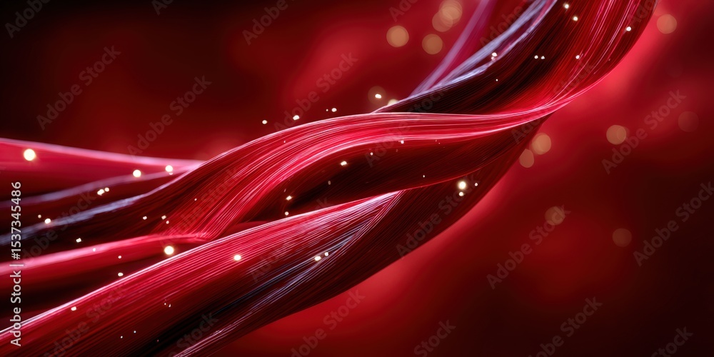Poster abstract red ribbons flowing with bokeh lights, symbolizing passion and creative backgrounds
