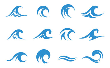 Fototapeta premium Collection of Twelve Blue Water Wave Icons on a White Background Representing Ocean Sea Surfing and Nautical Themes in a Clean and Minimalist