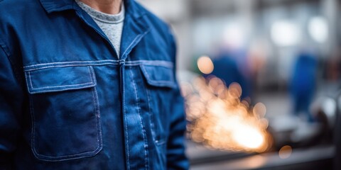 Close Up of Welder in Blue Uniform With Sparks Flying, Representing Industrial Safety and Precision