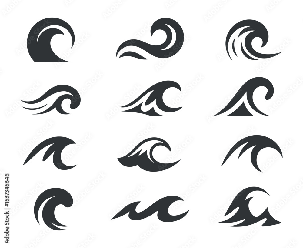 Poster set of twelve abstract wave icons with different shapes and styles in dark gray color isolated on a 