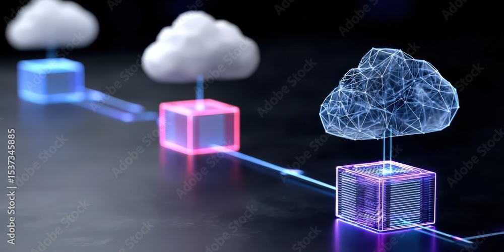 Aufkleber Cloud Computing Network Connection With Cubes, Illustrating Modern Technology and Data Transfer