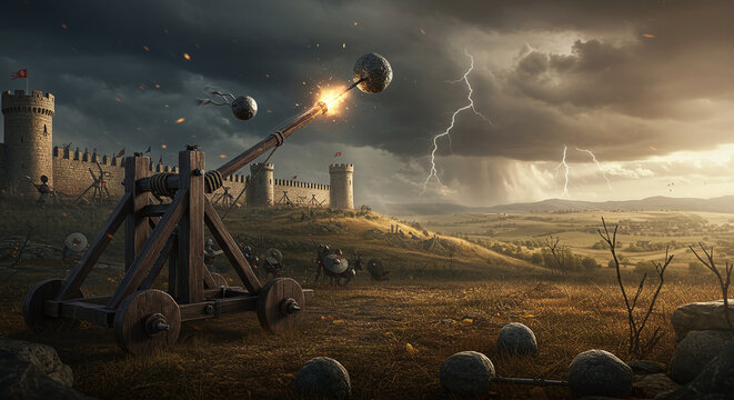 Catapult launching projectile towards medieval castle in stormy landscape - Powered by Adobe