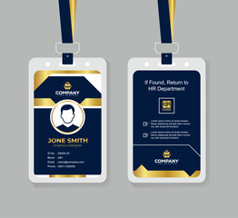 Premium Navy Blue and Gold ID Card Template with QR Code for Corporate Employees and Staff Identity