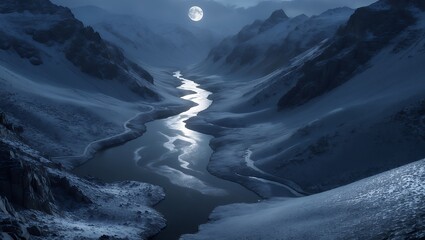 Moonlit River Valley Snowy Mountain Landscape at Night with Reflection
